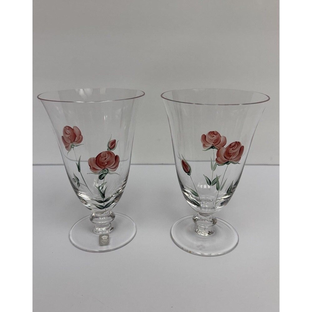 Christineholm Hungary Rose Water Goblets Iced Tea Glasses Hand-Painted Set Of 2